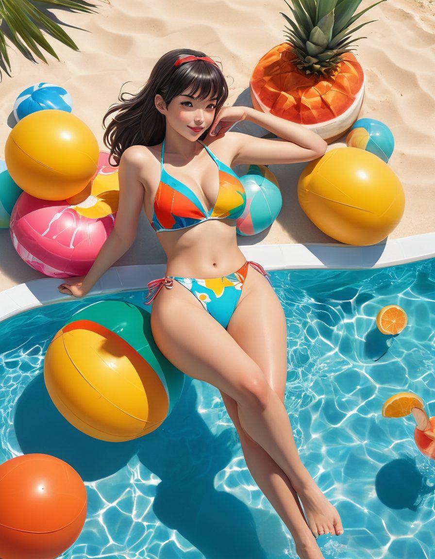 A vibrant and colorful scene featuring diverse anime characters in stylish swimwear, frolicking on a sun-kissed beach. Emphasize playful interactions, with an array of pool floats and tropical drinks in hand, capturing a sense of fun and freedom. Include artistic elements like exaggerated expressions and whimsical backgrounds to highlight the adult aesthetics of the anime style. super-realistic. vibrant colors. beach setting.