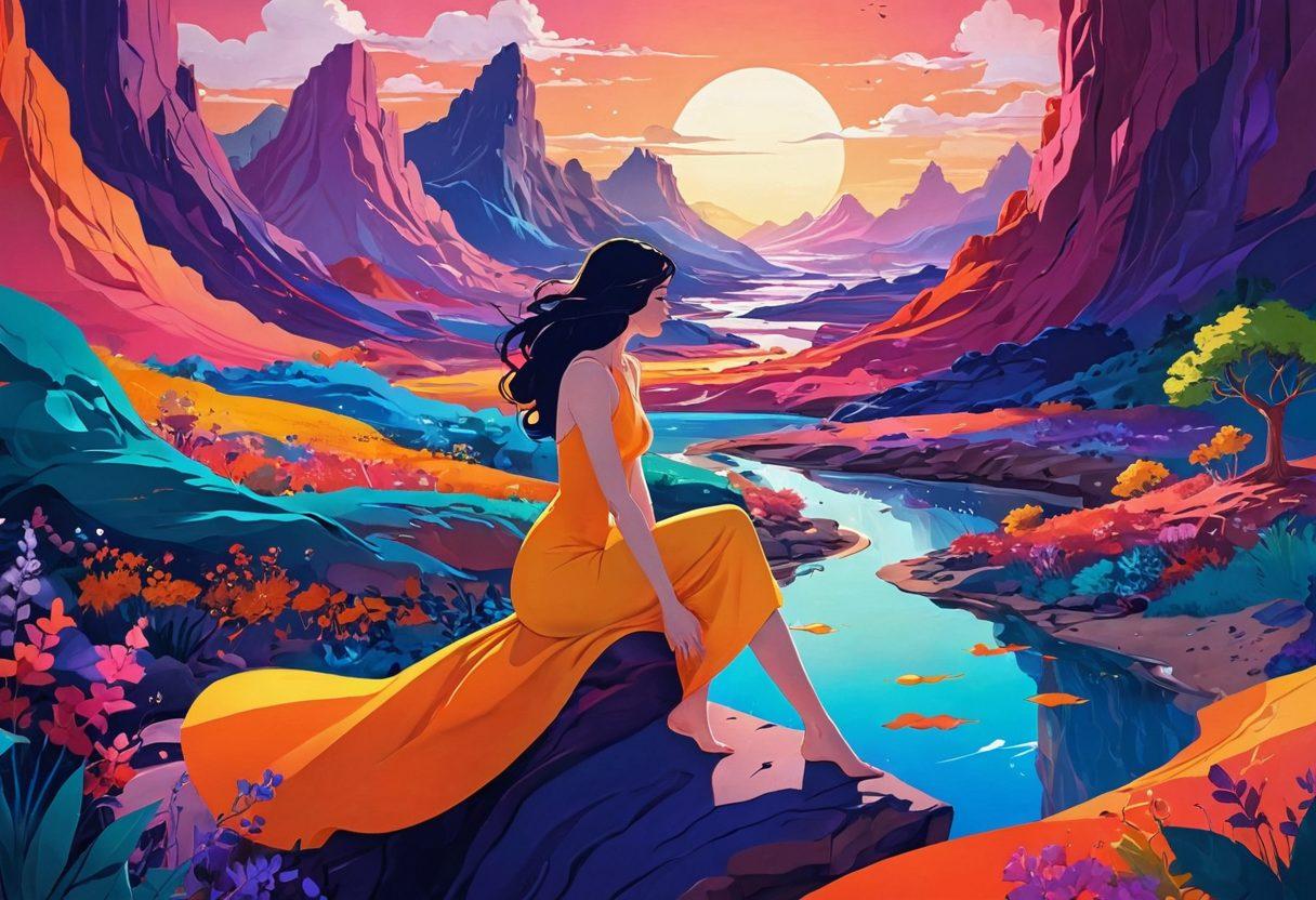 A captivating scene featuring a diverse group of animated characters intertwined in a colorful, dreamlike environment, representing various sensual themes from graphic novels and series. The background is a surreal blend of evocative landscapes, soft curves, and abstract shapes to embody the complexities of emotions. Each character portrays different expressions related to intimacy and connection, with a visual emphasis on fluidity and harmony. Use vibrant colors and high contrasts to enhance the sensual vibe. super-realistic. vibrant colors. dynamic composition.