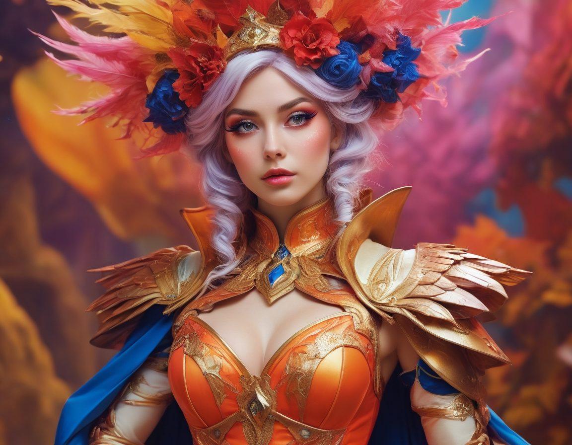 A colorful montage of characters in elaborate cosplay outfits from various fantasy worlds, showcasing risqué aesthetics. Include bold, exaggerated features, playful expressions, and intricate costume details that blend elements of adult animation. Set against a dreamy, otherworldly background with swirling colors and mystical elements, highlighting the allure of fantasy. super-realistic. vibrant colors. dynamic composition.